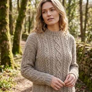 Aran Sweater Market Irish Aran Fisherman Merino Wool Cable Knit Sweater Tan XL